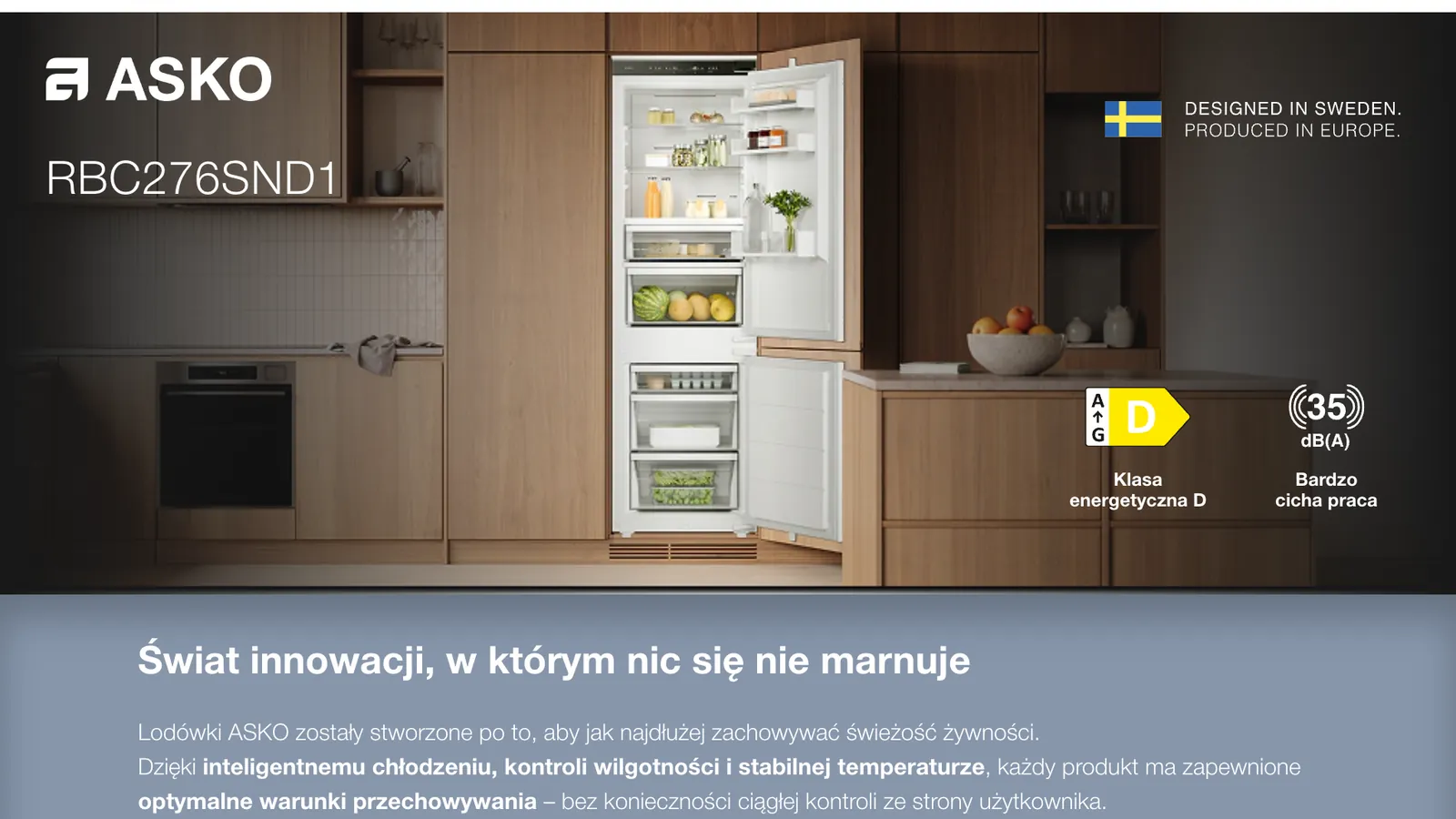 Karta produktowa chłodziarki ASKO RBC276SND1 pokazanej w zabudowie kuchennej