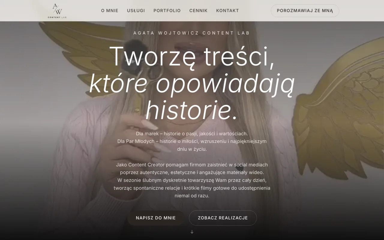 Strona AW Content Lab z pełnoekranowym nagłówkiem „Tworzę treści, które opowiadają historie”