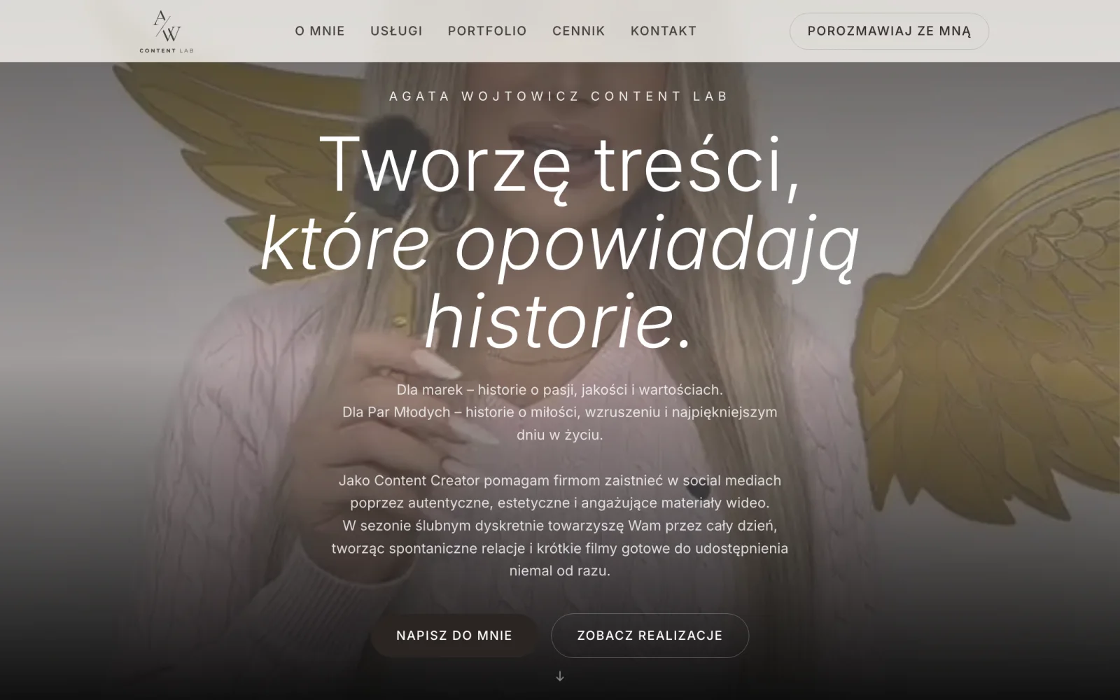 Strona AW Content Lab z pełnoekranowym nagłówkiem i materiałem wideo w tle