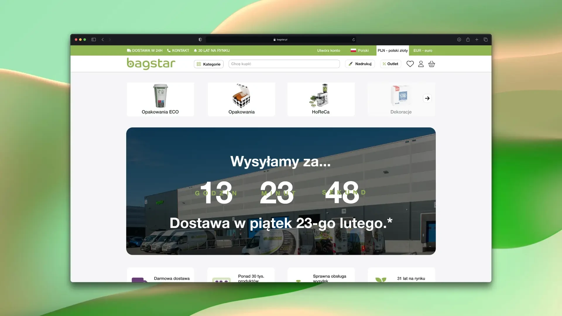 Strona Bagstar z licznikiem czasu do wysyłki i kartami produktów