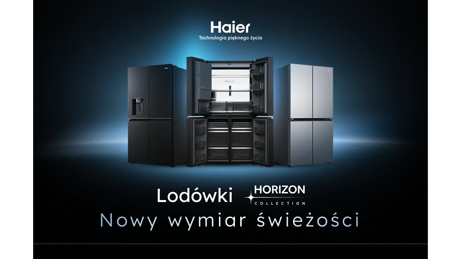Rich Content lodówek Haier serii HORIZON na czarnym tle
