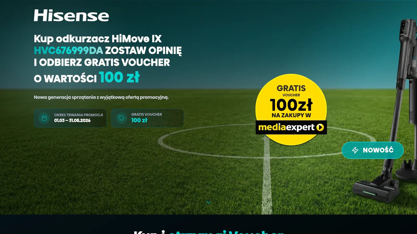 Nagłówek landing page promocji odkurzacza Hisense HiMove IX z voucherem 100 zł