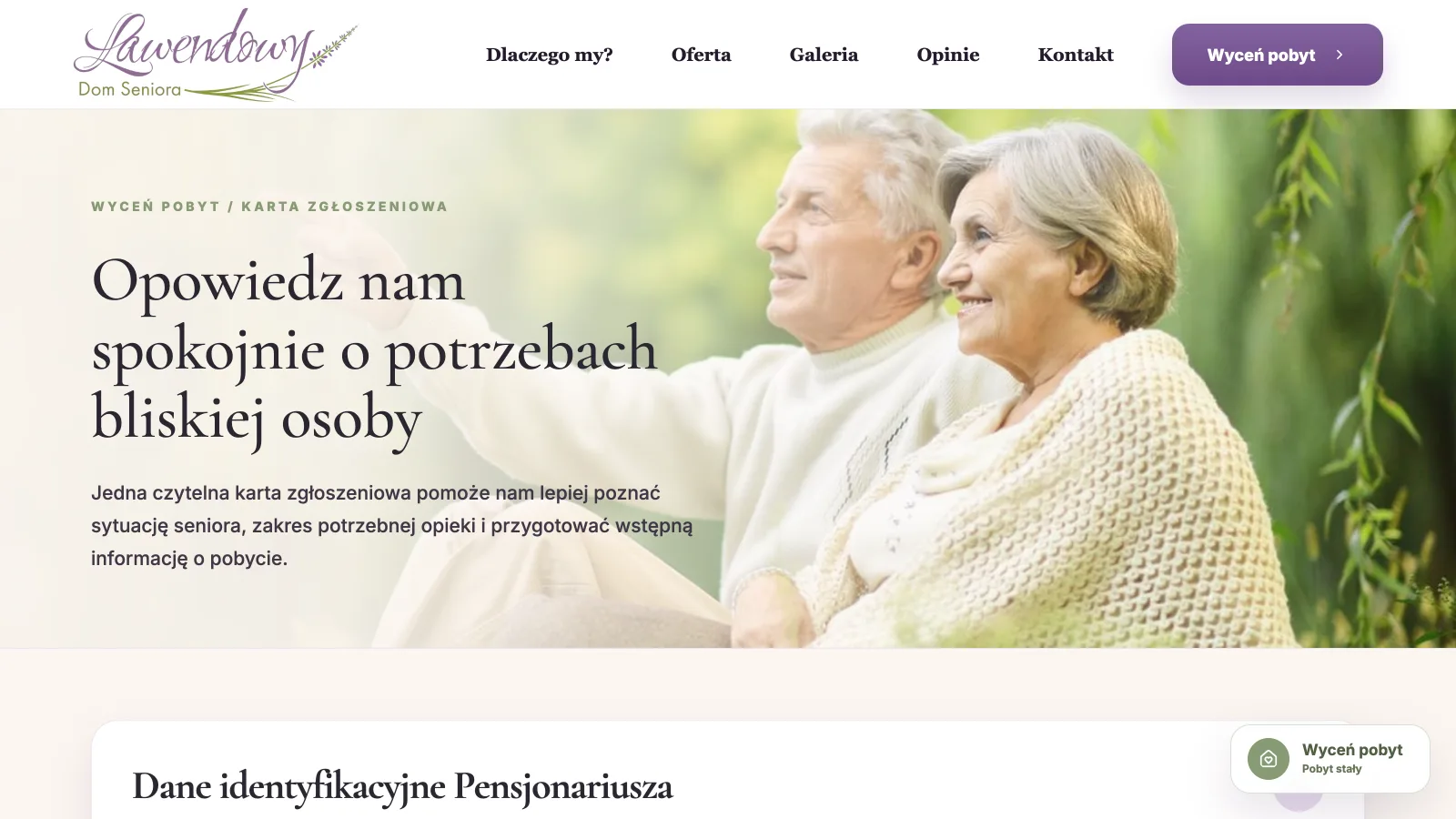 Karta zgłoszeniowa „Wyceń pobyt” na stronie Lawendowy Dom Seniora