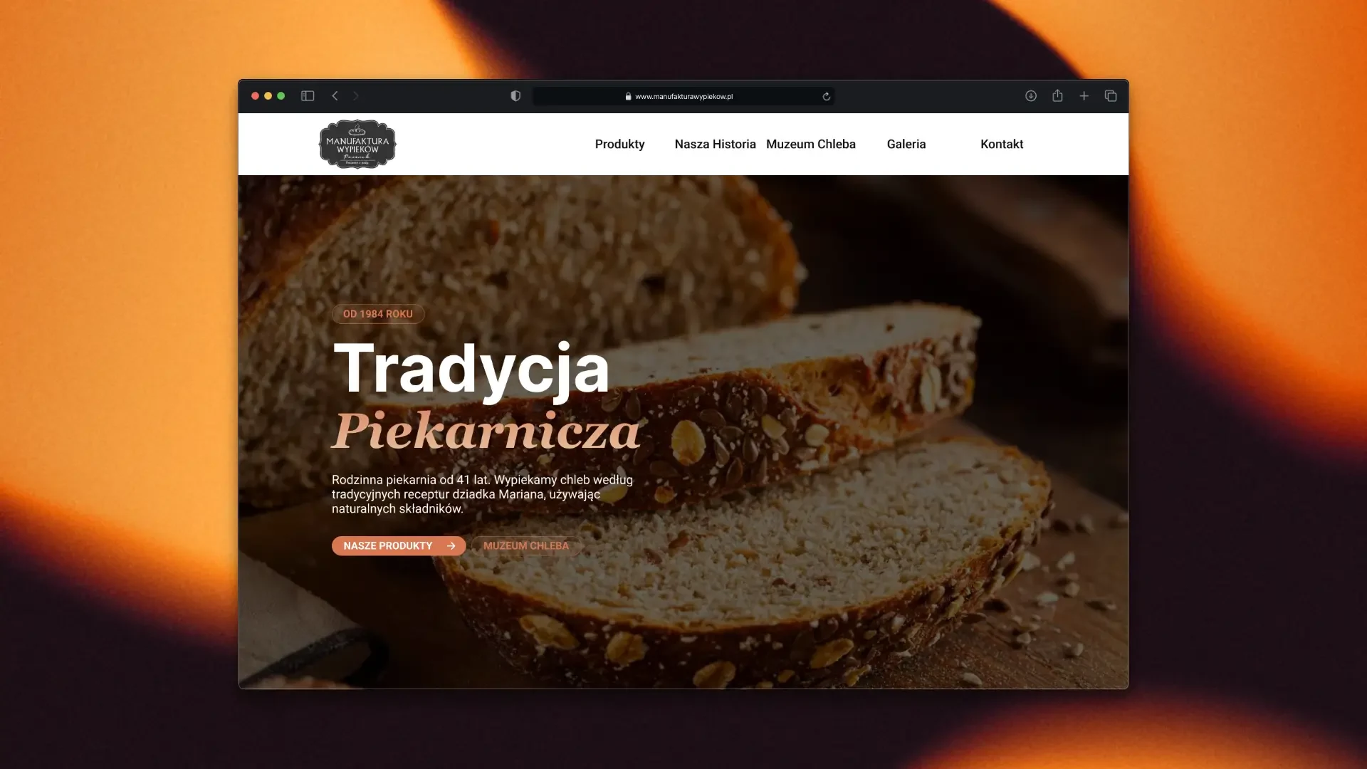 Strona Manufaktury Wypieków ze zdjęciem bochenka i nagłówkiem „Tradycja Piekarnicza”