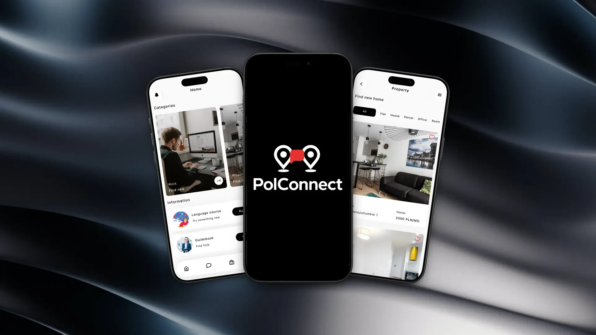 Ekrany aplikacji PolConnect: onboarding, lista ogłoszeń i widok szczegółów