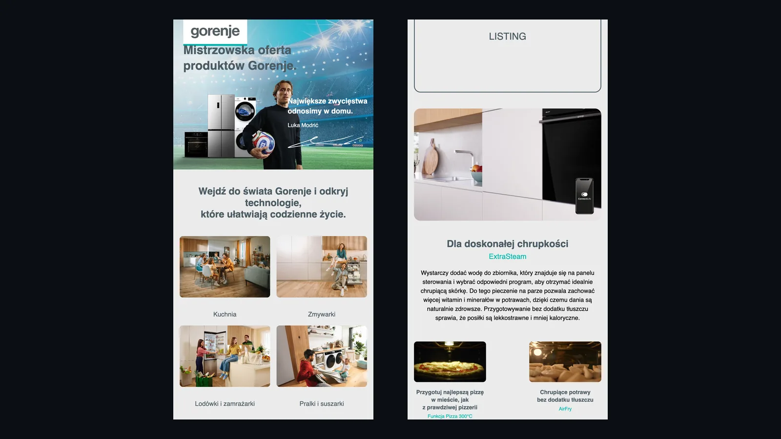 Landing page Gorenje w układzie jednokolumnowym na wąskim ekranie